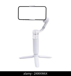 Electronic stabilizer for smartphone isolated on a white background. 3 axis gimbal stabilizer isolated. Gimbal close up isolated on white background Stock Photo