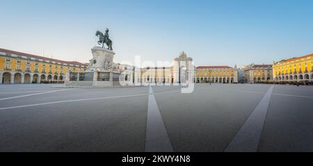 Panoramic view of Praca do Comercio Plaza with King Dom Jose I Statue and Rua Augusta Arch - Lisbon, Portugal Stock Photo