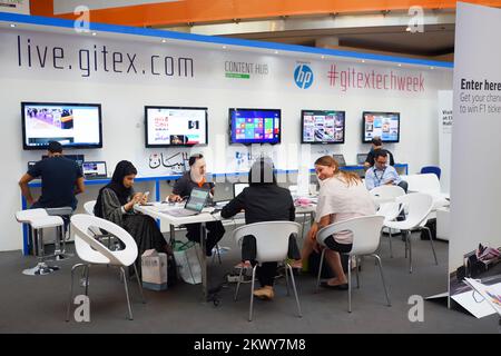 DUBAI - OCT 16: exhibition centre interior on October 16, 2014. Dubai is the most populous city and emirate in the UAE, and the second largest emirate Stock Photo