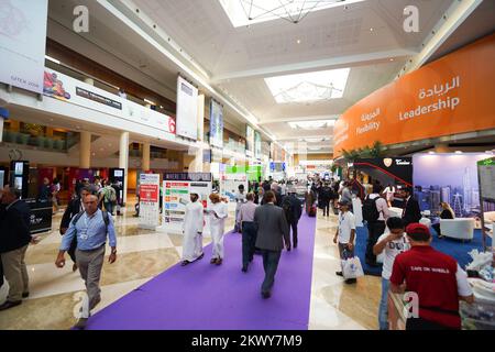 DUBAI - OCT 16: exhibition centre interior on October 16, 2014. Dubai is the most populous city and emirate in the UAE, and the second largest emirate Stock Photo