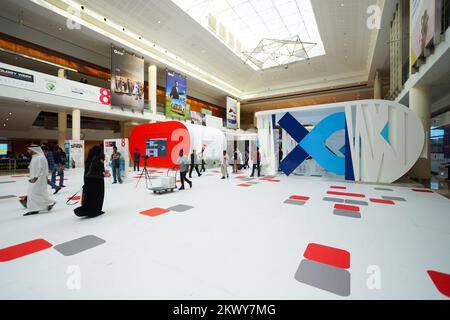 DUBAI - OCT 16: exhibition centre interior on October 16, 2014. Dubai is the most populous city and emirate in the UAE, and the second largest emirate Stock Photo