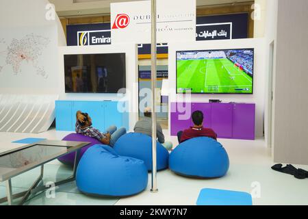 DUBAI - OCT 16: exhibition centre interior on October 16, 2014. Dubai is the most populous city and emirate in the UAE, and the second largest emirate Stock Photo