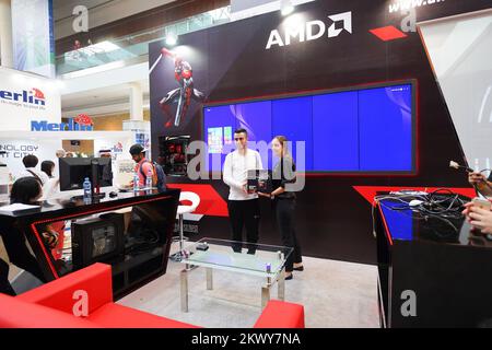 DUBAI - OCT 16: exhibition centre interior on October 16, 2014. Dubai is the most populous city and emirate in the UAE, and the second largest emirate Stock Photo