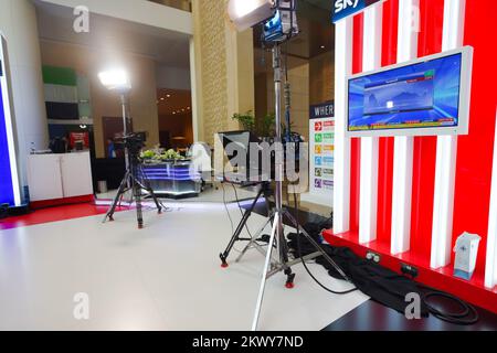 DUBAI - OCT 16: exhibition centre interior on October 16, 2014. Dubai is the most populous city and emirate in the UAE, and the second largest emirate Stock Photo