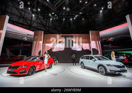 Skoda Octavia RS 245 and Scout at the Motor Salon in Geneva, Switzerland, CH, on March 7, 2017. (Photo by Saso Domijan) Stock Photo