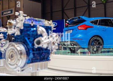 Ford Focus RS and Ford engine at the Motor Show in Geneva, Switzerland, CH, on March 7, 2017. (Photo by Saso Domijan) Stock Photo