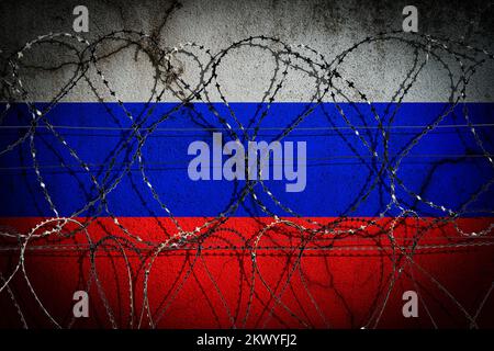 Russia and Ukraine war conflict. Russian flag on a cracked stone wall behind barbed wire. War, crisis, aggression concept. High quality illustration Stock Photo