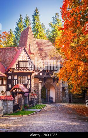 Sinaia, Romania. Typical architecture with german half-timebered influence in the city from Carpathian Mountains. Stock Photo