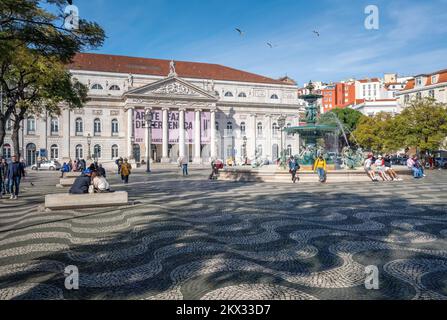 D. Maria II National Theatre at Rossio Square (Praca Dom Pedro IV) - Lisbon, Portugal Stock Photo