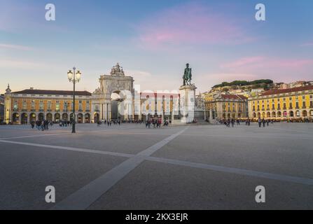 Praca do Comercio Plaza with King Dom Jose I Statue and Rua Augusta Arch at sunset - Lisbon, Portugal Stock Photo