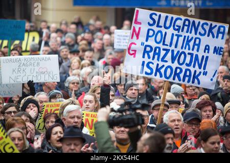 03.03.2018., Rijeka, Croatia - Around two thousand people gathered at Korzo and the 128th Brigade of Croatian Army Square protesting against the construction of a floating LNG terminal on Krk Island. Photo: Nel Pavletic/PIXSELL  Stock Photo