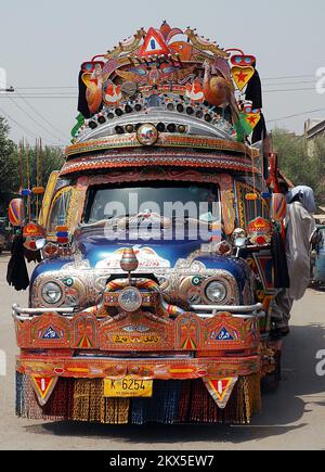 Peshawar, Khyber Pakhtunkhwa / Pakistan: Colorful Bedford truck used as local transportation in Peshawar, Pakistan. Stock Photo
