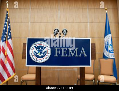 Washington, D. C. , May 20, 2009   The FEMA logo attached to a podium with microphones and flags in the background before a town hall meeting.  .. Photographs Relating to Disasters and Emergency Management Programs, Activities, and Officials Stock Photo