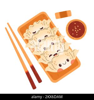 Gyoza cartoon vector isolated on white background. Hand drawn japanese gyoza snack Stock Vector