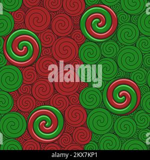 Christmas seamless pattern with swirls and candies. Vector colored background. Stock Vector