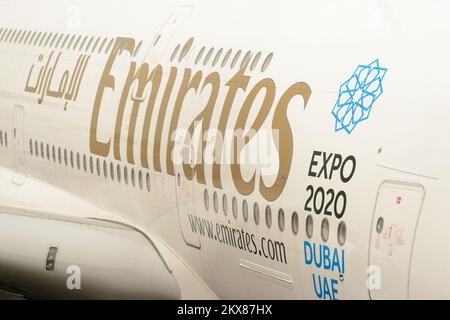 HONG KONG - MARCH 09, 2015: docked Emirates Airbus A380. Emirates handles major part of passenger traffic and aircraft movements at the airport. Stock Photo