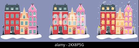 set of Scandinavian-style Christmas houses, in versions lights off, lights partially on, lights fully on and copious snowfall Stock Vector