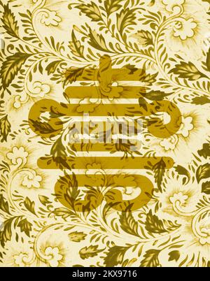 Feng shui longevity symbol on vintage golden pattern wallpaper. Stock Photo