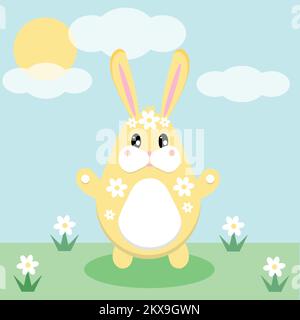 Easter background, postcard. Easter bunny in nature, in flowers, daisies. Vector illustration in a flat style. Stock Vector