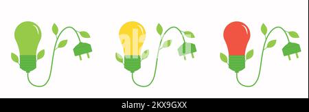 Red, yellow and green Eco-lamps with a wire and a socket, sprouted with leaves. The concept is energy saving, energy saving lamps, natural resources a Stock Vector