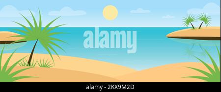 Tropical background. Panorama of a tropical sandy beach, ocean coast with palm trees and islands. Vector image in a flat style. Banner. Stock Vector
