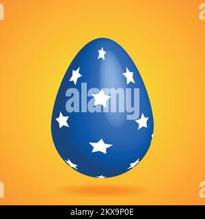 Blue Easter egg with white stars, with a shadow, on a yellow-orange background. Realistic Easter egg on a yellow background. Greeting card template. V Stock Vector