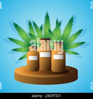 Cannabis extract, CBD oil. Medical marijuana. Hemp oil bottle mockup or product label and graphic logo template. Vector illustration in a flat style. Stock Vector