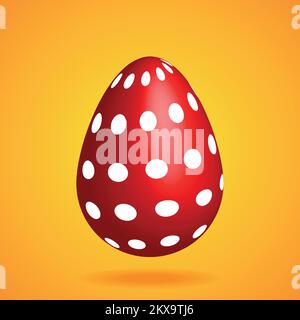 Red Easter egg with white spheres, with a shadow, on a yellow-orange background. Realistic Easter egg on a yellow background. Greeting card template. Stock Vector