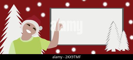 A child boy points to an advertising banner with a place for text, on a red background with Christmas trees and snowflakes. Christmas or New Year back Stock Vector