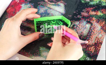 Woman collect diamond painting or diamond mosaic close-up Stock Photo
