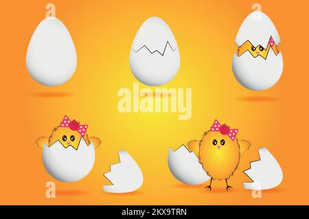 Easter orange yellow vector background. The process of birth, hatching of a cute chicken from an egg. Easter card concept. Vector illustration in flat Stock Vector
