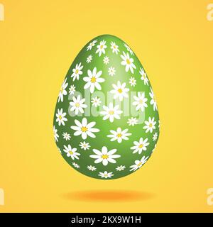 Green egg with a floral pattern with a shadow, on a yellow orange background. Realistic Easter egg isolated on yellow background. Greeting card templa Stock Vector