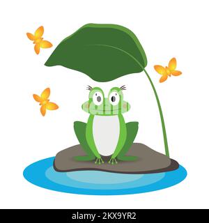 Funny green frog on a stone near a puddle under a leaf, isolated on a white background. Vector illustration in a flat style. Stock Vector