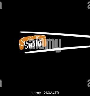 Stylized illustration of sushi logo with lettering and salmon on Stock Vector