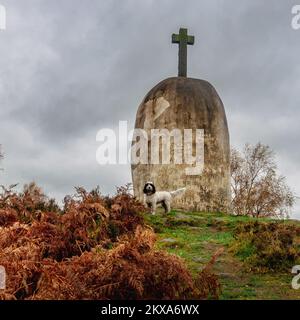 The Farnhill Pinnacle is a jubilee tower monument and landmark on a hill beside the villages of Farnhill and Kildwick, West Yorkshire, UK Stock Photo