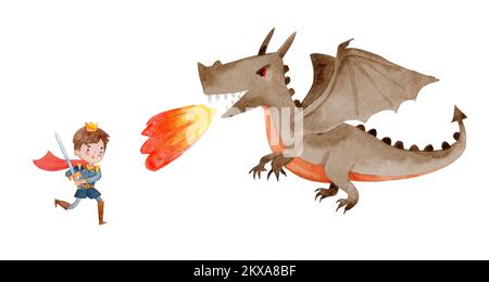 Watercolor illustration of a knight fighting a big scary dragon. Cute little prince fighting the dragon. Isolated on a white background Stock Photo