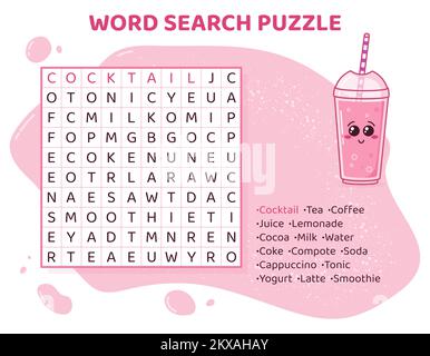 Word search puzzle for kids with various drinks.  Stock Vector