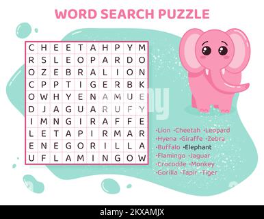 Word search puzzle for kids with african animals.  Stock Vector