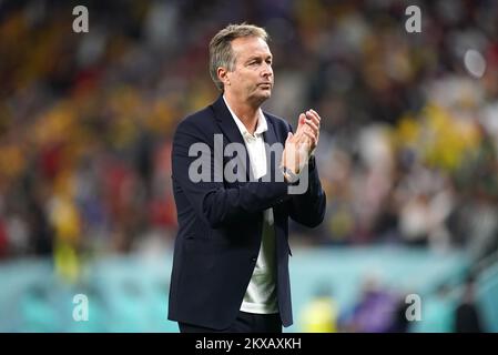 Denmark Manager Kasper Hjulmand Applauds The Fans At Full-time After 