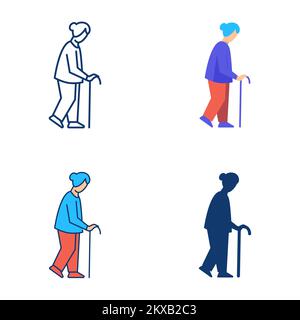 Elderly woman walking with cane stick icon set Stock Vector
