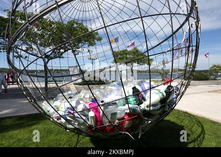 31.05.2019., Croatia, Sibenik- The installation in the shape of a globe filled with plastic is set on the occasion of the World Sailing Championships by ORC on the Sibenik waterfront. The installation draws attention to the problem of plastic in the sea., at Sibenik, Croatia, on May 31, 2019. Photo: Dusko Jaramaz/PIXSELL Stock Photo