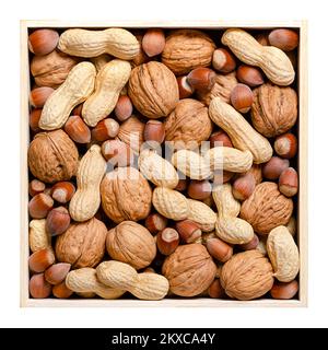 Mixed nuts in their shells, snack nuts in a square shaped wooden box. Unshelled hazelnuts, peanuts and walnuts, dried and ready to eat. Stock Photo