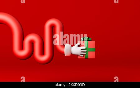 Cartoon father christmas curvy arm holding a gift box festive present. 3D Rendering Stock Photo