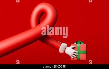 Cartoon father christmas curvy arm holding a gift box festive present. 3D Rendering Stock Photo