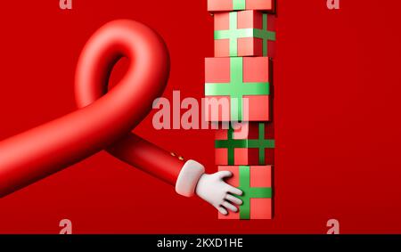 Cartoon father christmas curvy arm holding a gift box festive present. 3D Rendering Stock Photo