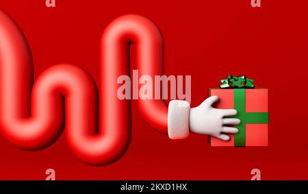 Cartoon father christmas curvy arm holding a gift box festive present. 3D Rendering Stock Photo