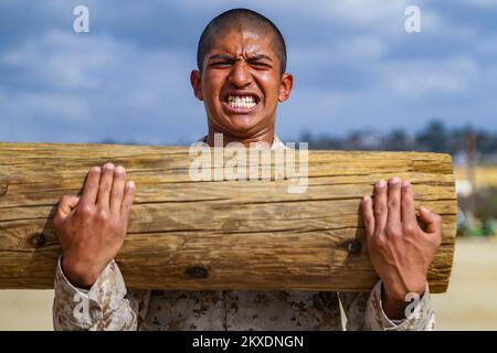 San Diego, United States. 28th Nov, 2022. U.S. Marines recruits with Bravo Company, 1st Recruit Training Battalion, react to the 250-pound log during drills at Marine Corps Recruit Depot San Diego, November 28, 2022 in San Diego, California. Credit: Cpl. Grace Kindred/U.S. Marines/Alamy Live News Stock Photo