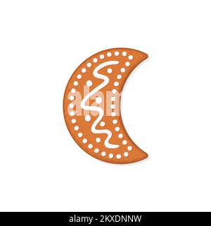 Christmas gingerbread cookie in shape of moon crescent. Flat vector illustration Stock Vector