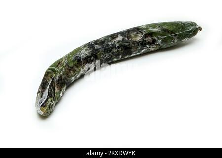 A picture of a rotten cucumber packed in the plastic foil. The foil is useless, it only damages the vegetable and it only goes mouldy. Isolated on a w Stock Photo