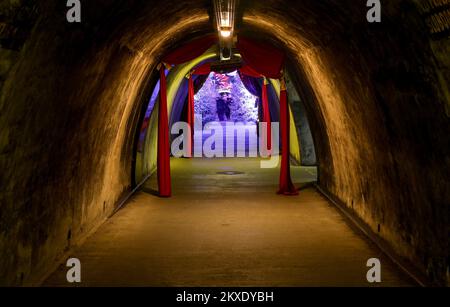 09.12.2019.,Zagreb, Croatia - The Christmas fairy tale in the Gric Tunnel will surely delight the kids like the most magical place of this Advent. Exactly the theme of this exhibition is to bring back every visitor to the most beautiful time of life â€“ childhood. In fact, at the time we were waiting for Christmas to find gifts under the Christmas tree.The Gric tunnel that connects MesniÄka and RadiÄ‡eva street was opened to the public after renovations in 2016 and is featuring various exhibitions ever since. Photo: Marin Tironi/PIXSELL Stock Photo